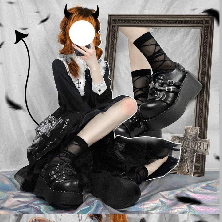 即納 サブカル系 地雷 厚底靴 クロス 十字架 ベルト ヒール高さ7.0cm