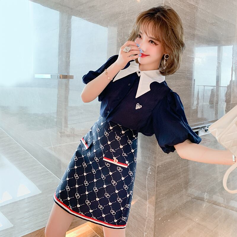 スリーブシャツ ストライプAラインスカート セット オータム レッド 刺繍 秋物 MIUCO75946674983