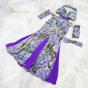 ベリーダンス オリエンタル 衣装 上下セット パープル系 トップス スカート アーム飾り 腕飾り 頭飾り 紫 青 スパンコール ビーズ 鮮やか 華やか 装飾 豪華 ダンス衣装 キラキラ イベント ステージ ブルー系 シルバー系