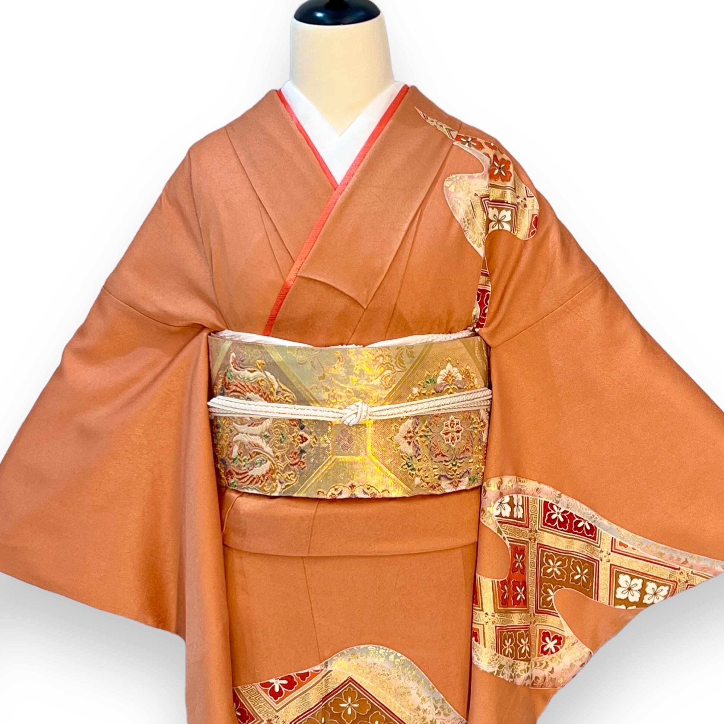 単衣着物】訪問着・附下げレンタル フルセット 橙地金彩四花菱文 単衣着物】訪問着・附下げレンタル フルセット 橙地金彩四花菱文