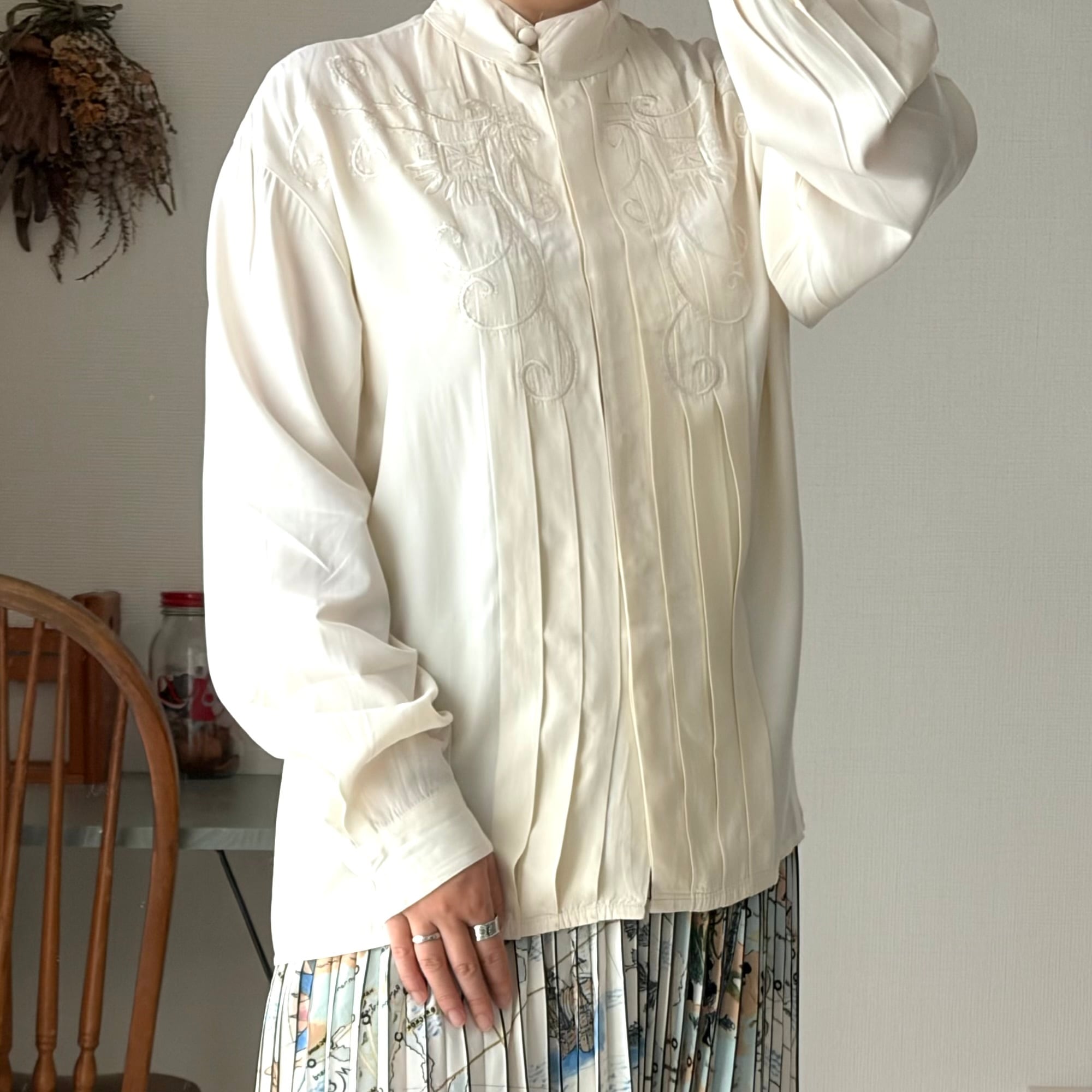 embroidery shirt XL 古着 刺繍 シャツ ブラウス バンドカラーシャツ