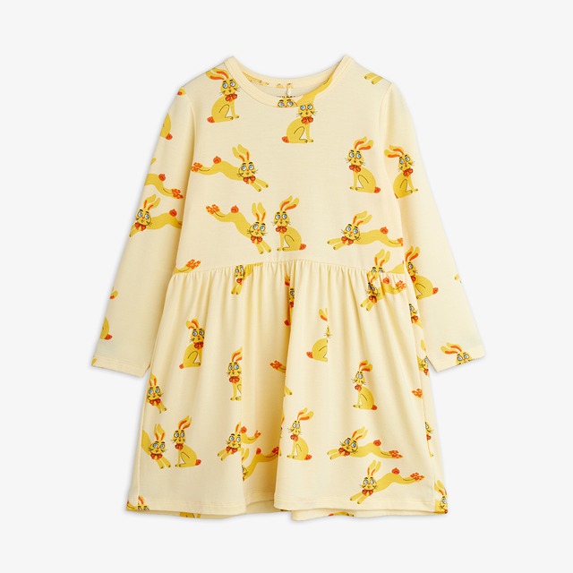 【26AW】minirodini( ミニロディーニ )Rabbits aop ls dress yellow(80-86/92-98/104-110/116-122/128-134)ワンピース うさぎ