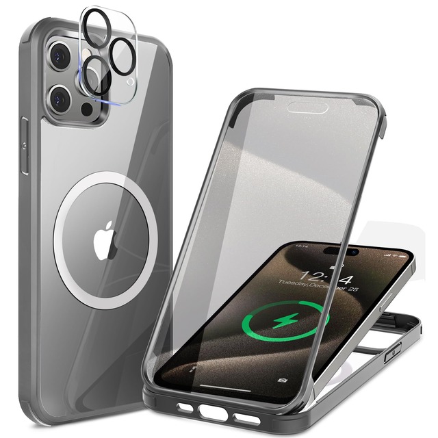 【両面強化ガラス・驚異的な耐衝撃性】HAUTRKBG iPhone 15 用 ケース クリア 全面保護 [MagSafe対応] (グレー)