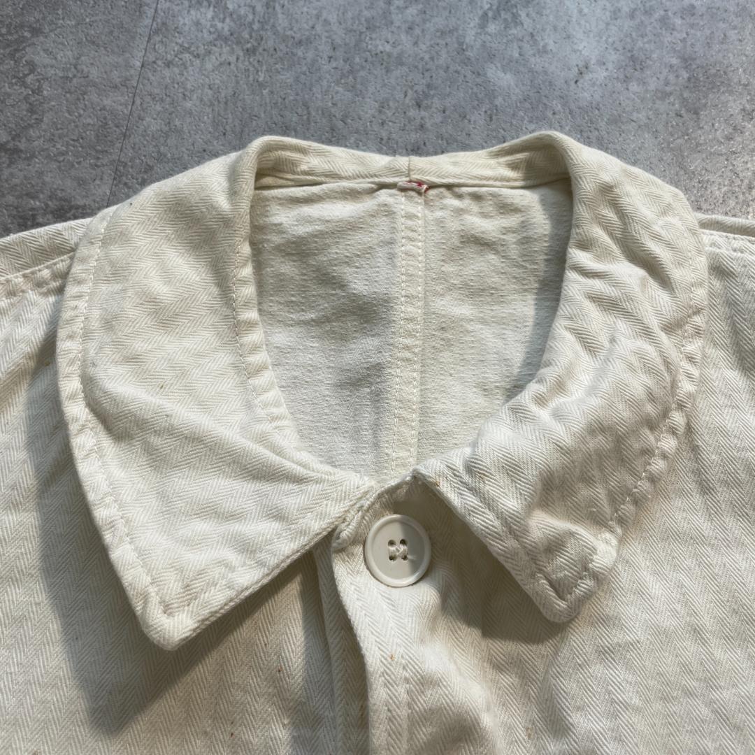 50-60s 刺繍タグ ホワイト ヘリンボーンツイル フレンチワーク