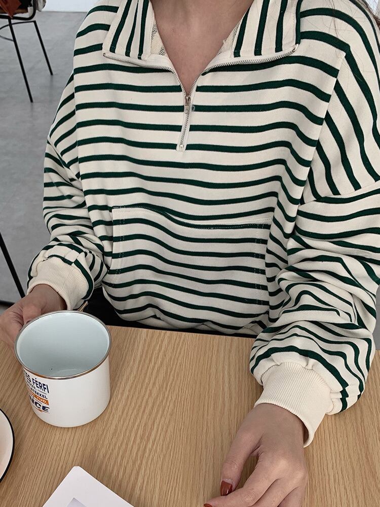 ストライプセーター レディーススプリングオータムルーズカジュアルスタイルジッパー長袖スリーブプルオーバー トップス ロング 春物 秋物 ビッグFスモールZ韓国9981704017