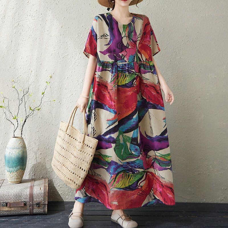 FLORAL PRINT RELAXED ROUND NECK LONG DRESS M-17262