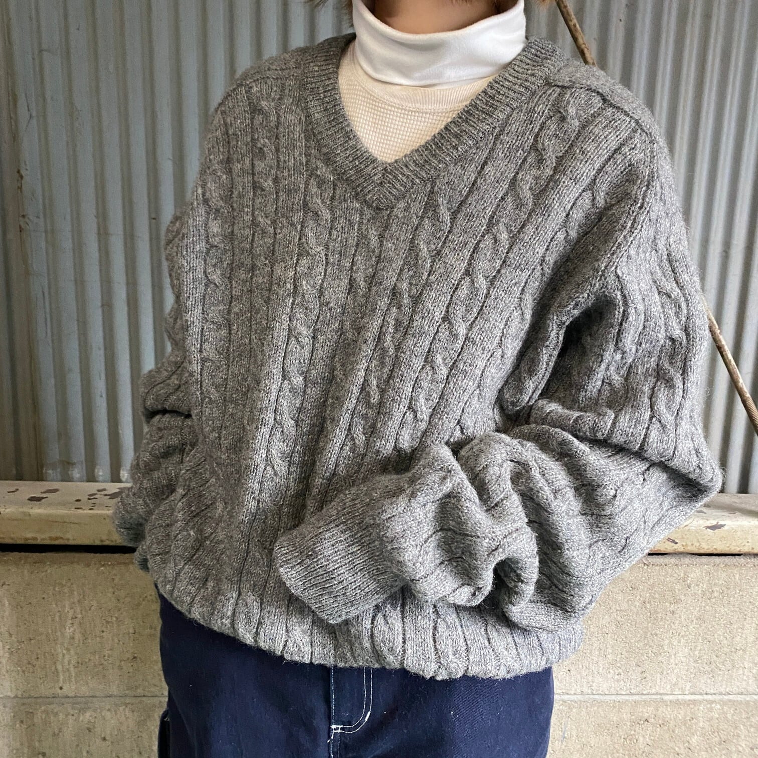 HEATHER TWEED 無地 Vネック ケーブル ウールニットセーター メンズM 古着 グレー【ニットセーター】【SS2401-50】 |  cave 古着屋【公式】古着通販サイト