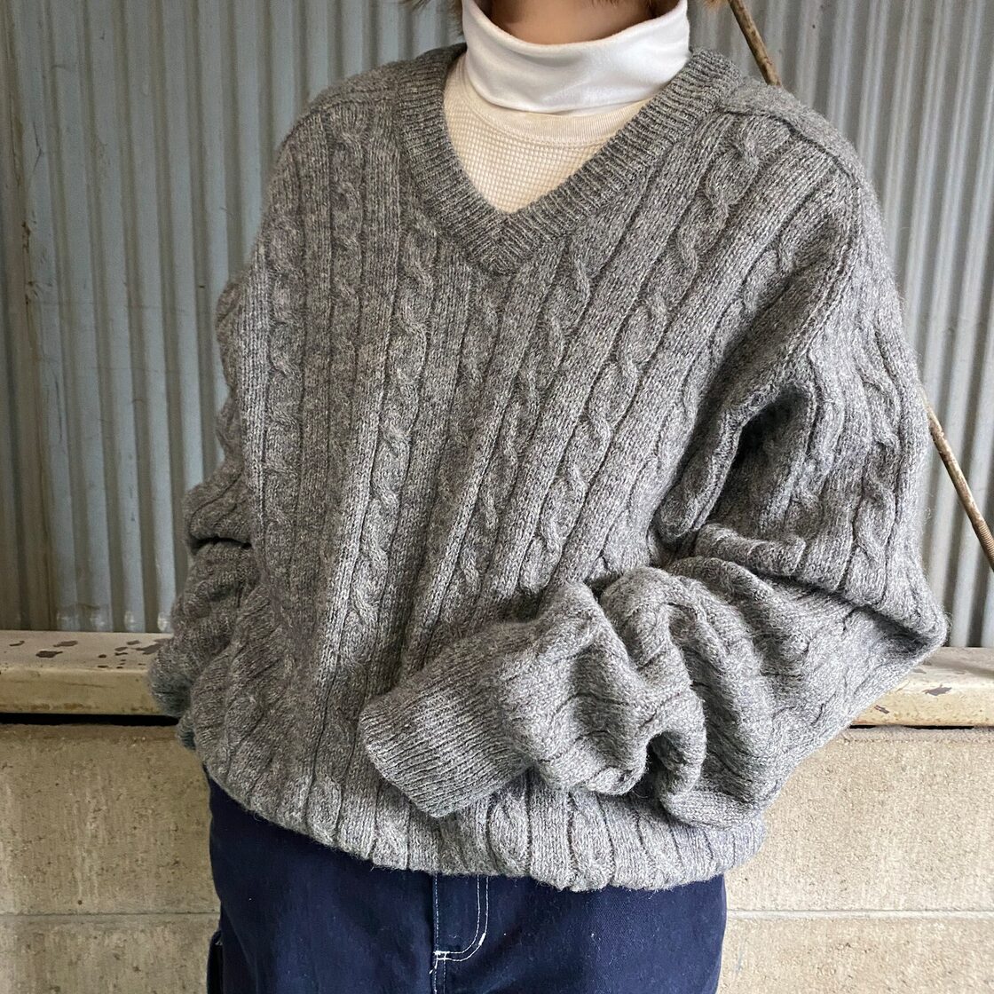 HEATHER TWEED 無地 Vネック ケーブル ウールニットセーター メンズM 