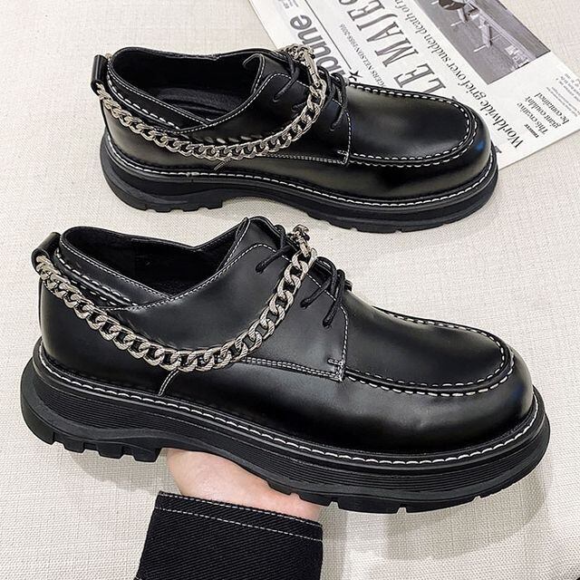 【予約販売】レザーシューズ メンズ ローファー チェーン シューズ 靴 厚底 ブラック お洒落 カジュアル シック 24cm/24.5cm/25cm/25.5cm/26cm/26.5cm