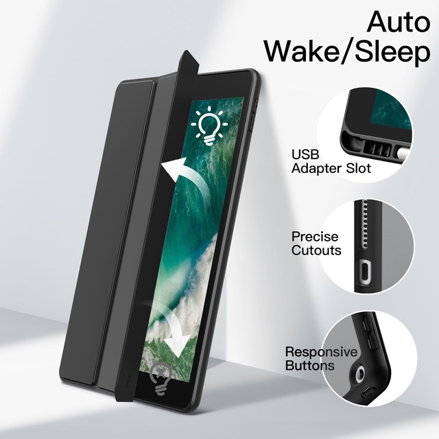 JEDirect iPad 9.7インチ ケース（第6/5世代、2018/2017モデル用）Pencil収納可能透明バックカバー 薄型 スタンド 衝撃吸収 タブレットカバー オートウェイク/スリープ機能 (ブラック)