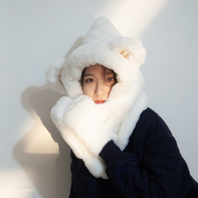 超可愛い クマの帽子 もこもこ 耳付き 暖かい 全7色 秋冬 手袋付き 一体型 マフラー52794397