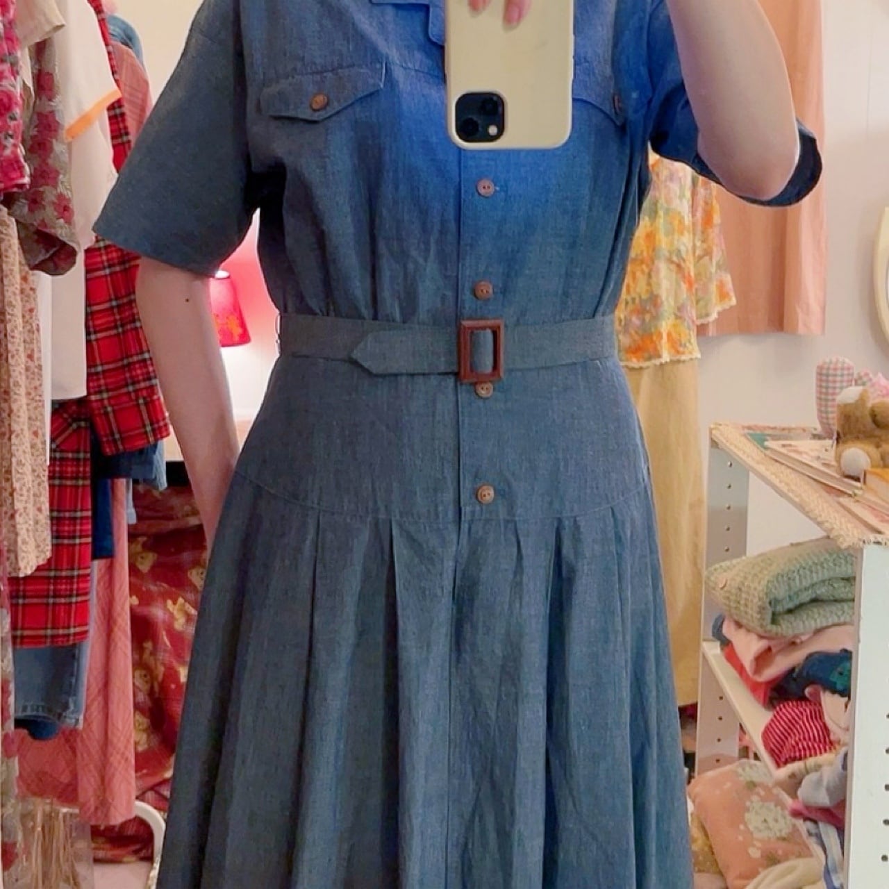 chambray open collar one-piece