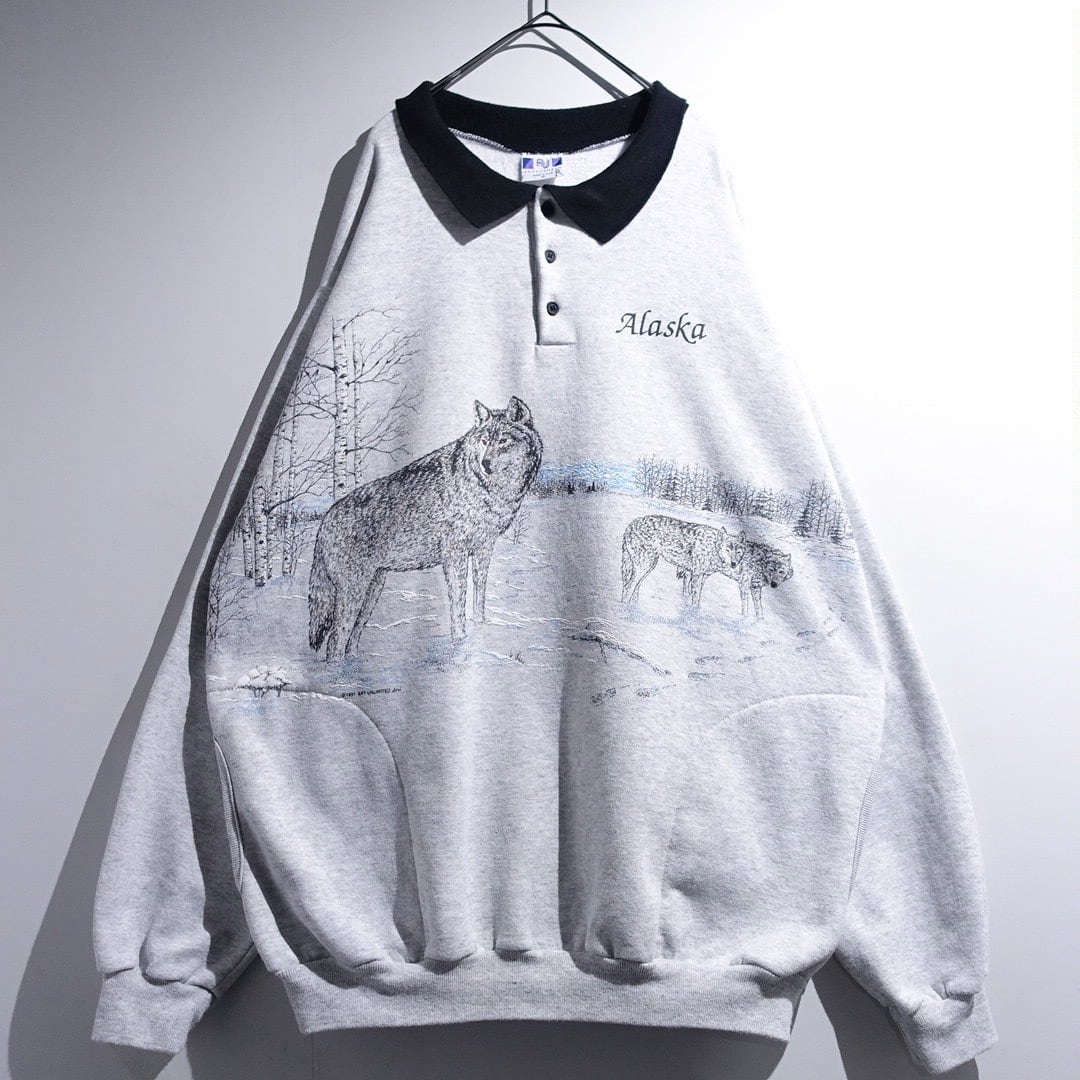 90s "ART UNLIMITED" Black Wolf Print Design Sweat Polo