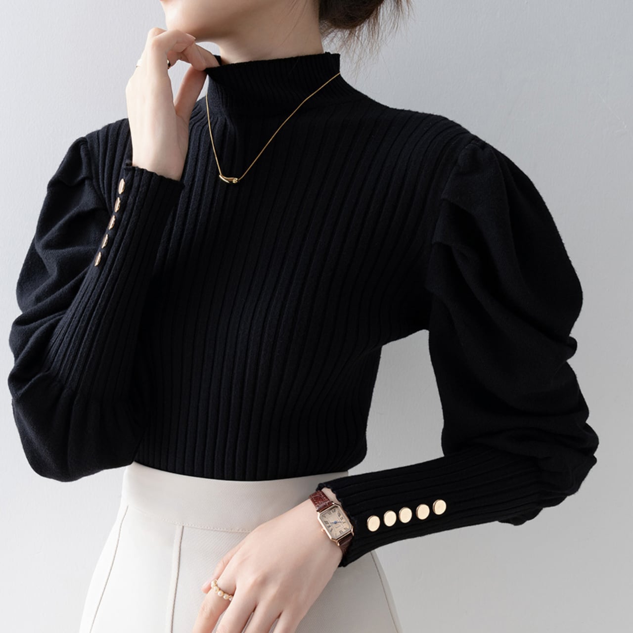 袖ボタン付きパフスリーブニットトップス Me0684