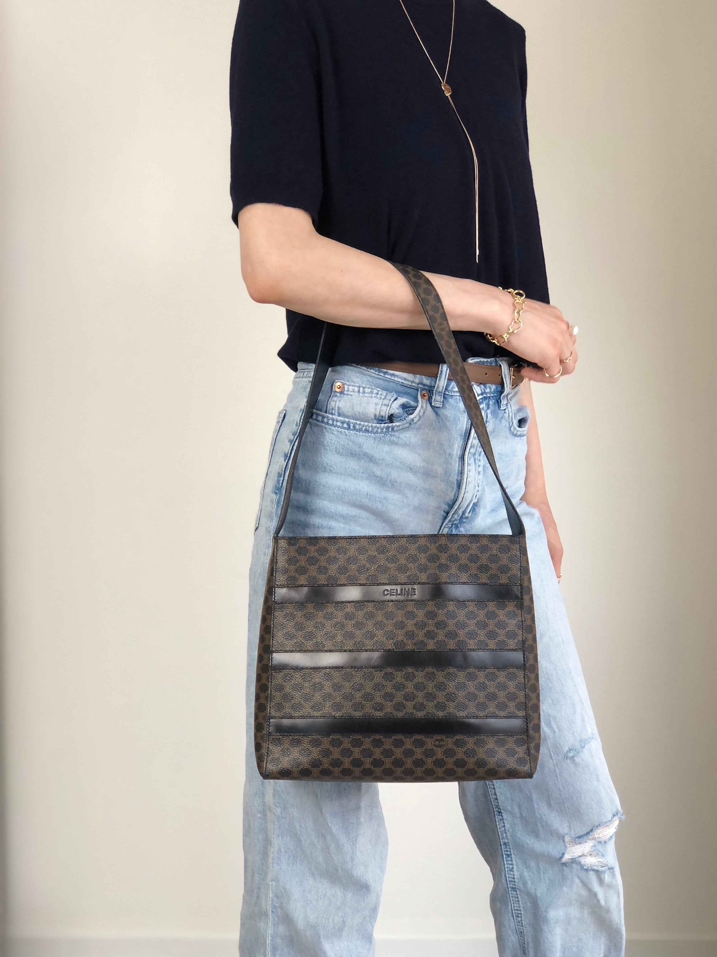 CELINE セリーヌ マカダム ショルダーバッグ ブラック ロゴ ボーダー