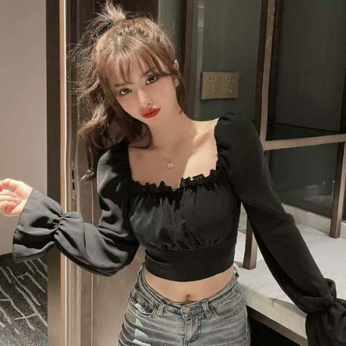 クロップド丈ブラウス レディース トップス ブラウス ショート丈 レースアップ バックシャン スクエアネック フリル キャンディスリーブ 長袖 カジュアル お出かけ おしゃれ ホワイト ブラック