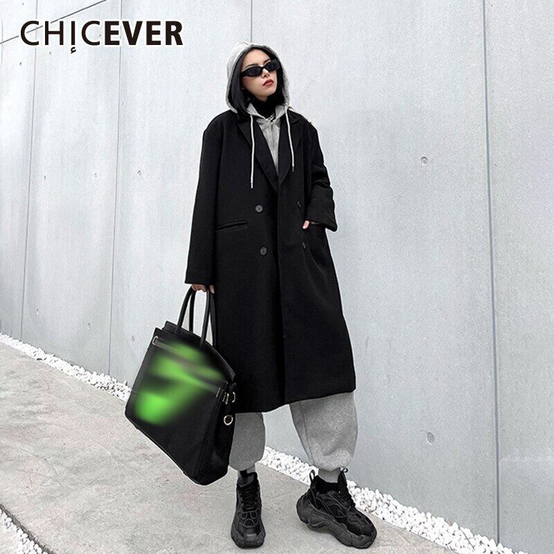 CHICEVERパッチワークツイードトレンチ女性フード付きカラー長袖ルーズオーバーサイズシックヒットカラーコート2020秋の潮 ロング 6base523272398895