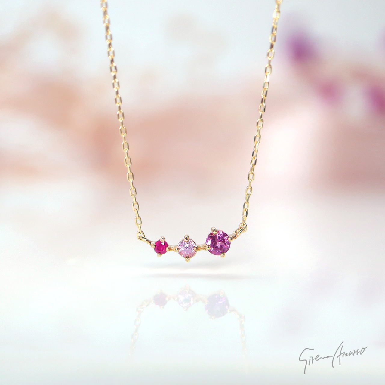 K10YGロードライトガーネット/ピンクサファイア/ルビー ネックレス  