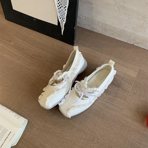 frill design ribbon square toe flat shoes J00046