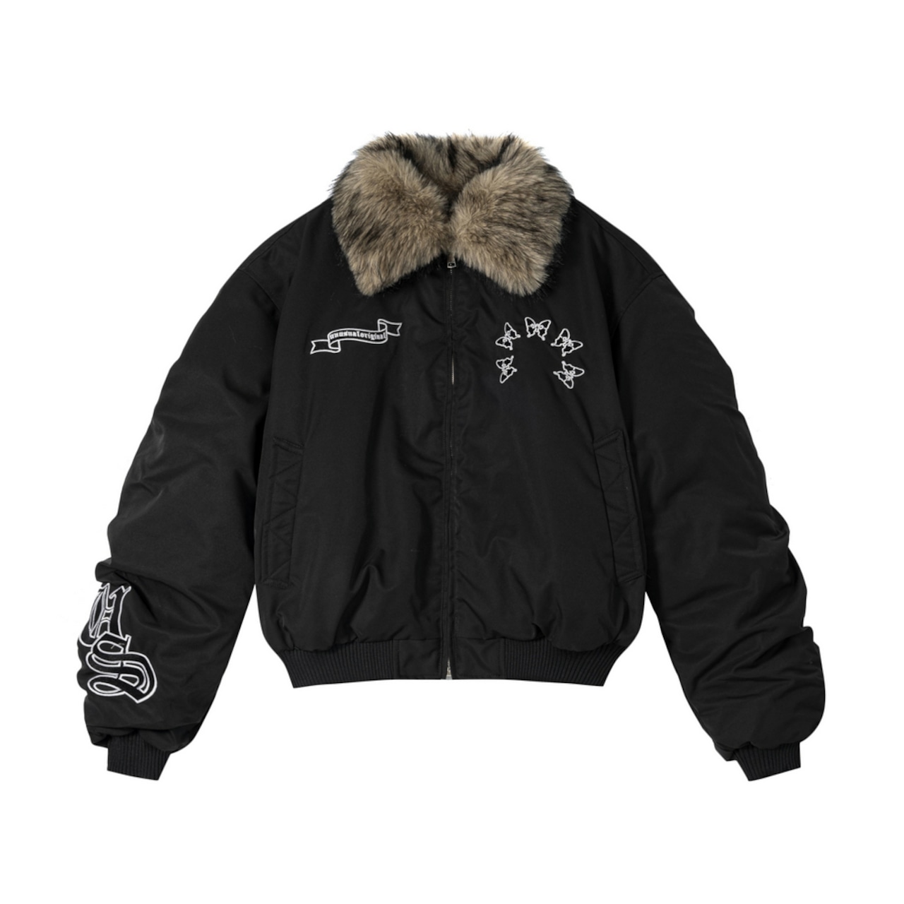 【暖かさUP】蝶刺繍ファー中綿ジャケット T1947