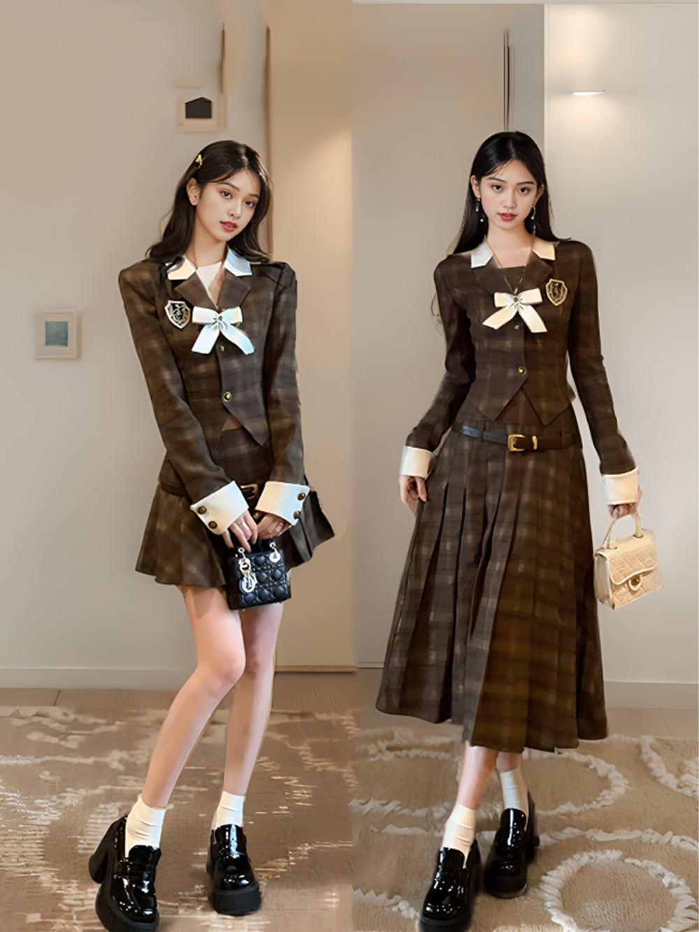 ツータイプブラウンチェックベルテッドセットアップ | 韓国/ワンホン