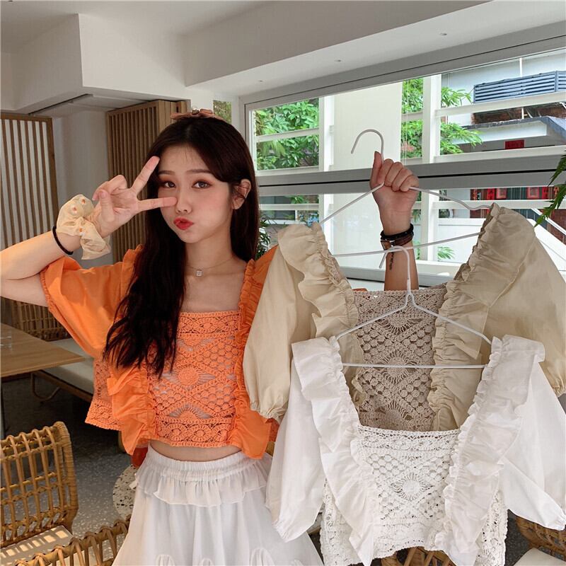 スクエアカラーレトロレースかぎ針編み中空トップレディースシャツデザインニッチニュースタイル2020夏薄 1号婦人69825904086