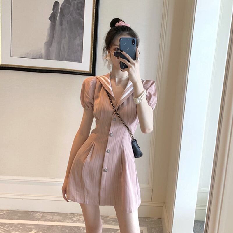 2020年夏の新しいバージョンのウエスタンスタイルのピンクのミドル丈スカートウエストスリミングドレス女性トレンド YY-ファッション45598439026
