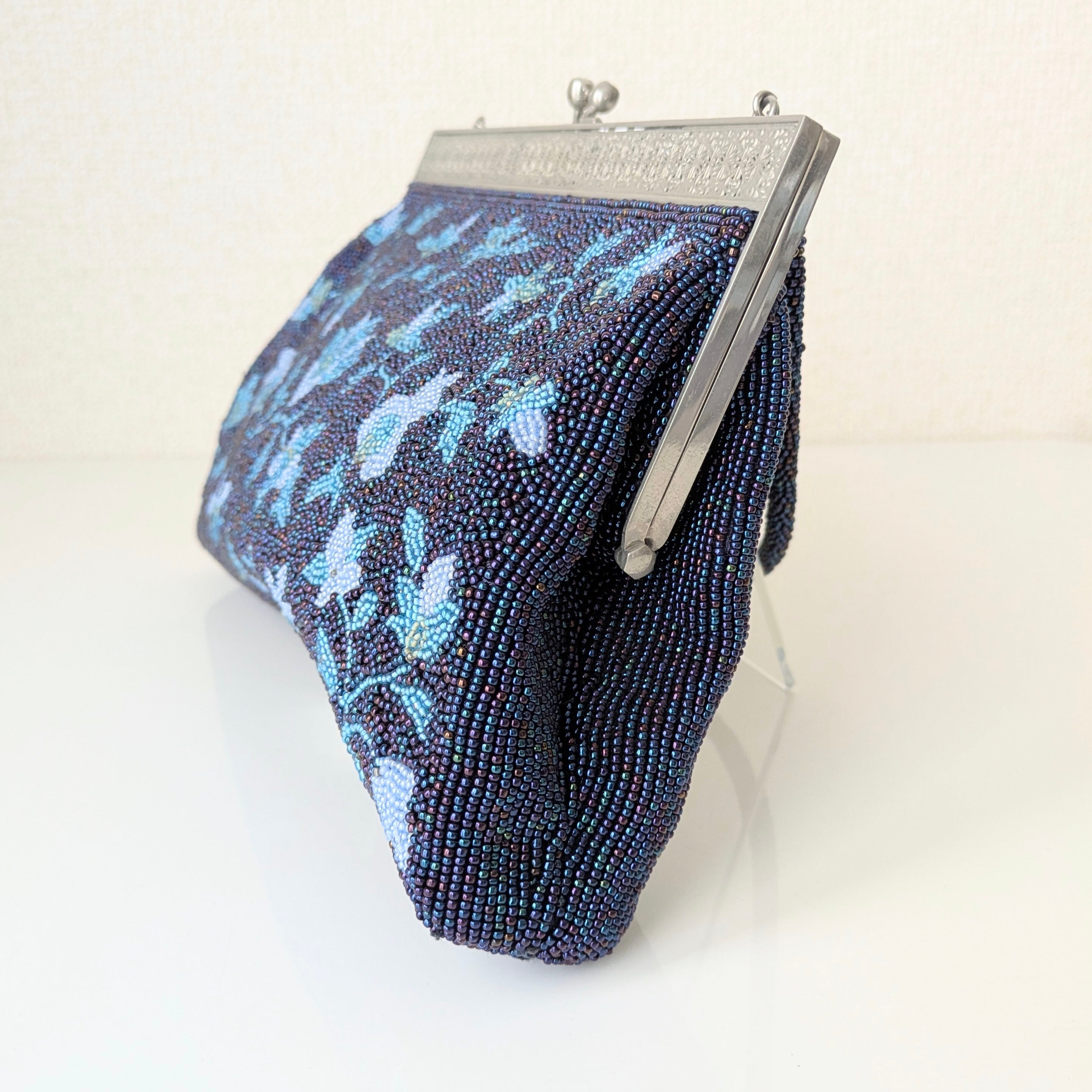 Vintage】ビーズ刺繍バッグ 青 花柄 パーティーバッグ クラッチバッグ
