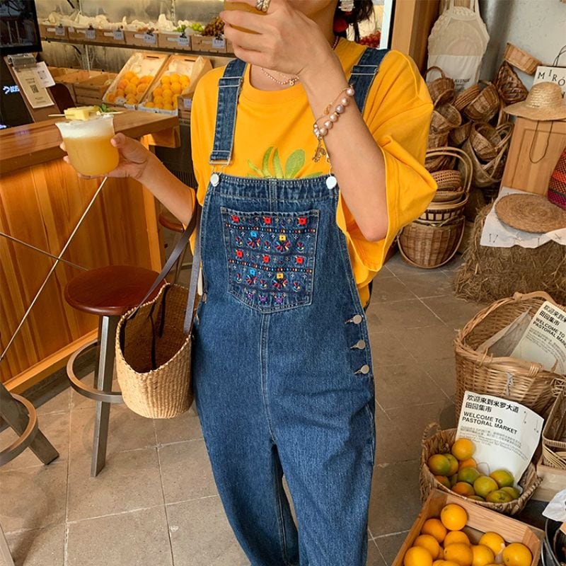 Embroidered denim overalls 00481
