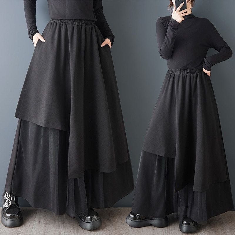ASYMMETRIC MESH PANEL LAYERED WIDE LEG PANTS M-18855