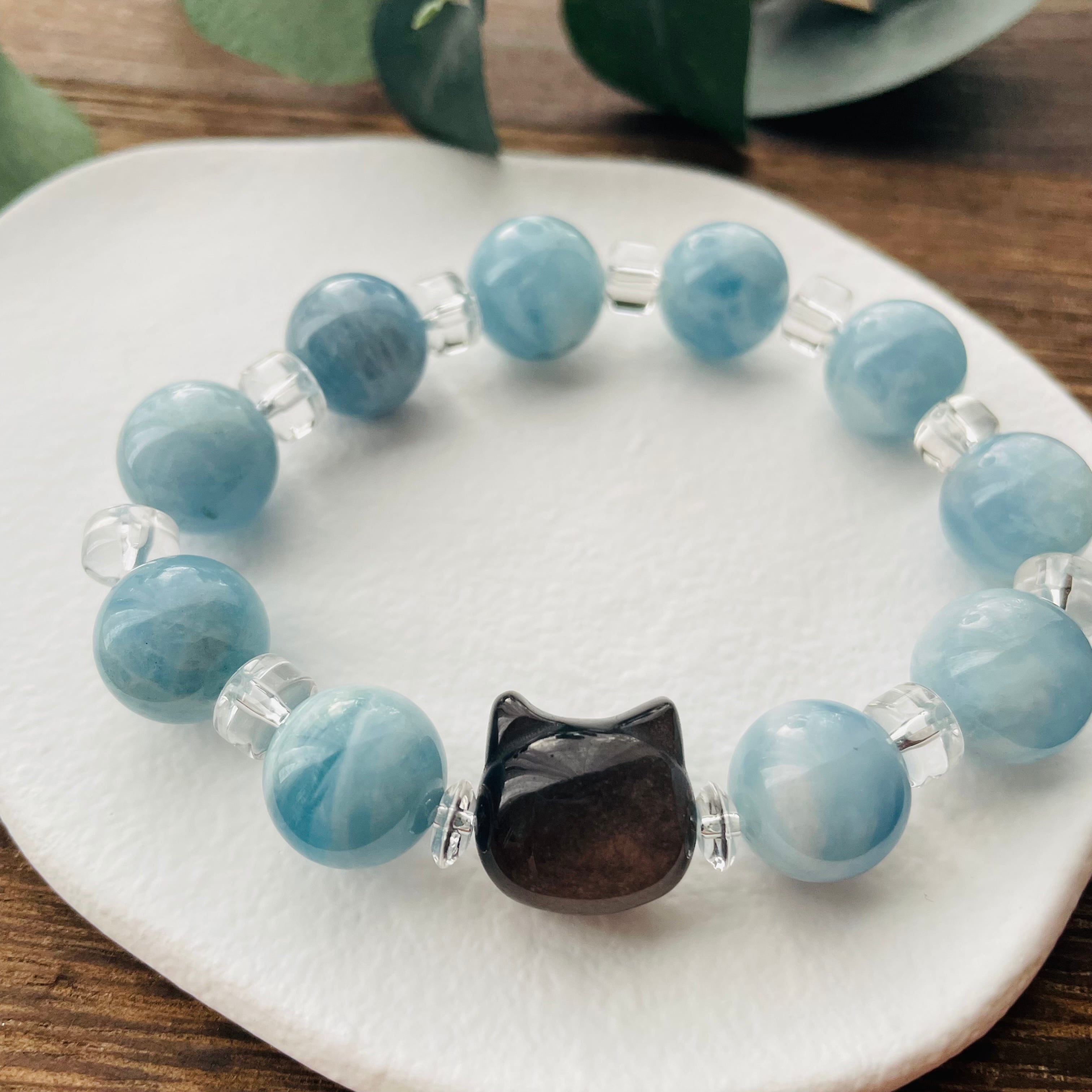 4335-⑬パワーストーン|ブレスレット|浄化・癒し| 猫雑貨 猫モチーフ 猫グッズ アクセサリー 天然石 3月誕生石 プレゼント ギフト レディース