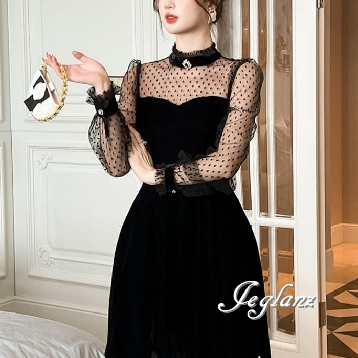 ベロア調 ワンピース ブラック ドレス 水玉 ドット ミニスカ(MB583)η