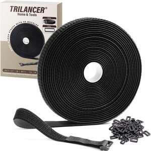 【在庫処分】Trilancer 10m x 2cm 再利用可能なケーブル結束バンド、調整できる面ファスナーバンド+バックル50個付き、自由にカット、ワイヤ管理、配線の整理、ケーブルバンド、黒色