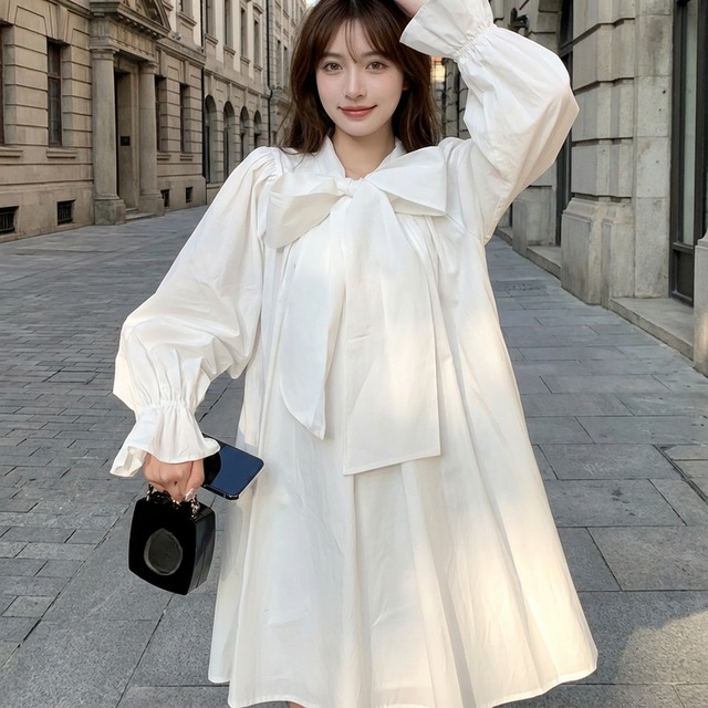 Patchwork bow shirt dress 00266