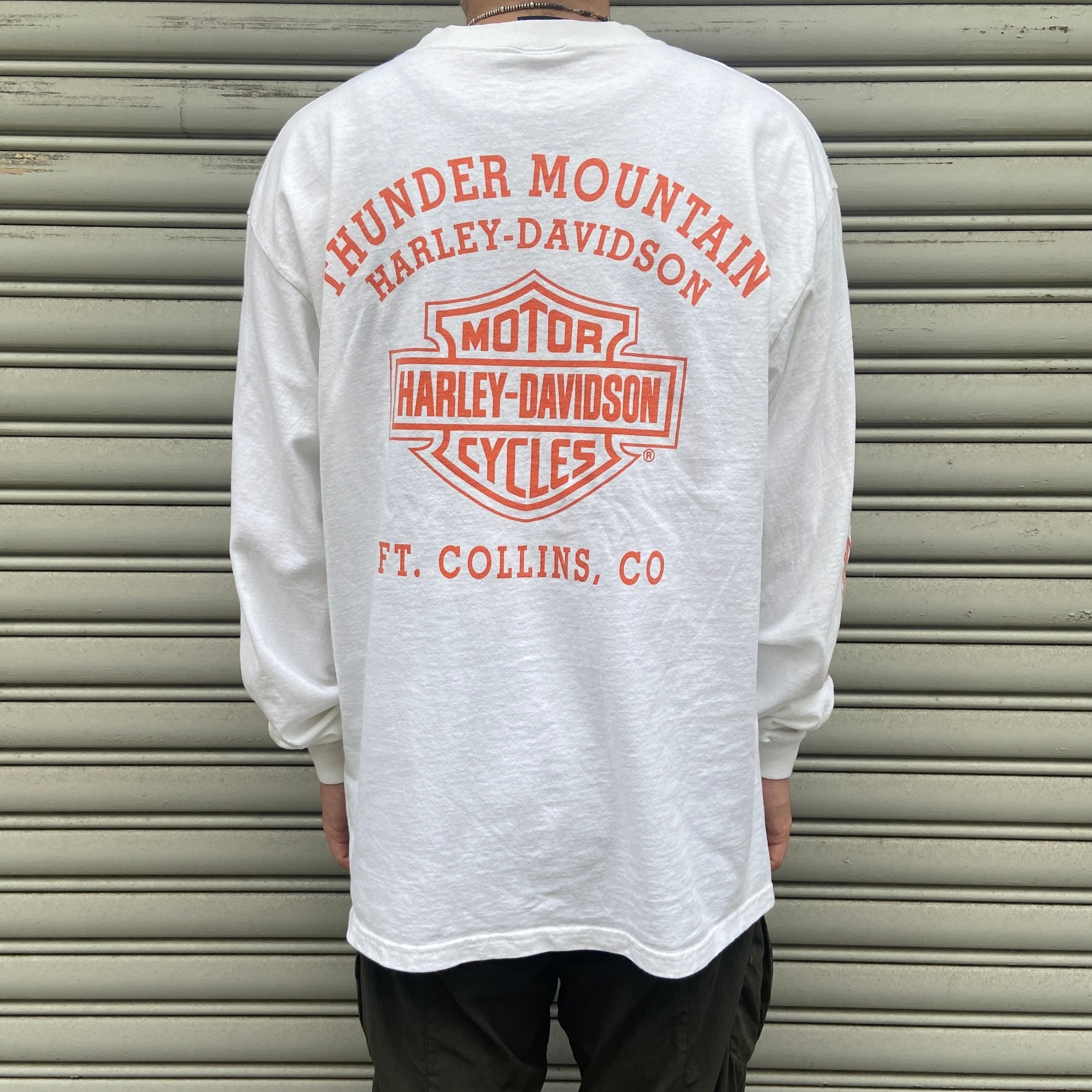 00s ハーレーダビッドソン プリントロンT フレイムパターン 白 XL相当