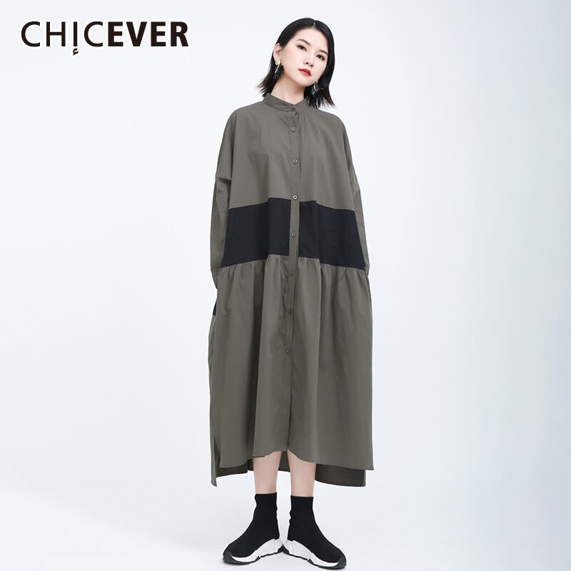 CHICEVERパッチワークドレス女性スタンドカラー長袖ルーズヒットカラードレス2020秋の服タイド ロング オータム 秋物 6base59925557995
