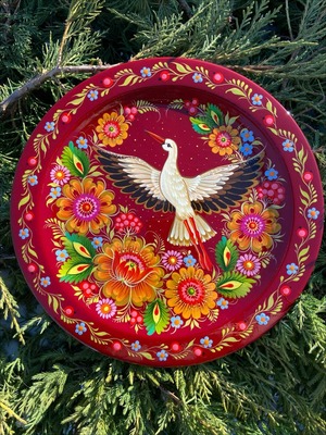 ペトリキウカ塗り　木製プレート（ティモシェンコ作）コウノトリ