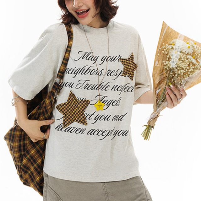 check star lettering short-sleeve tee　チェックスターレタリング半袖ティー　J1951