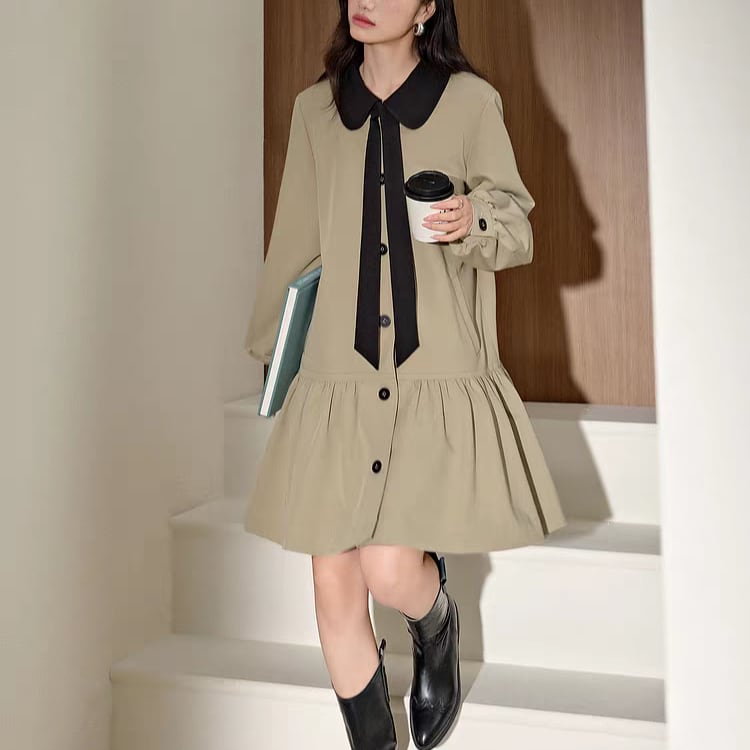 Ribbon tie collar flared trench coat 00159