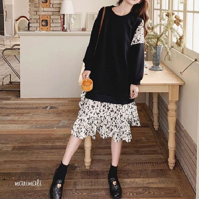 レイヤード風 フラワーフレア ワンピース 25071