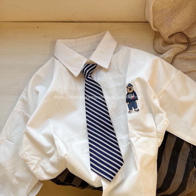 【90㎝-140㎝】ホワイト　シャツ　クマ　刺繍　ネクタイ付き　トップス　シャツストラップ　可愛い　 男の子　韓国子供服　子供服　キッズ　
