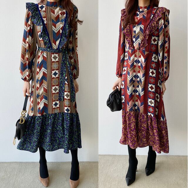 全2色 レッド/ブラウン レディース ワンピース レトロ フリル スタンドカラー ミモレ丈 ロング丈 膝下丈 おしゃれ