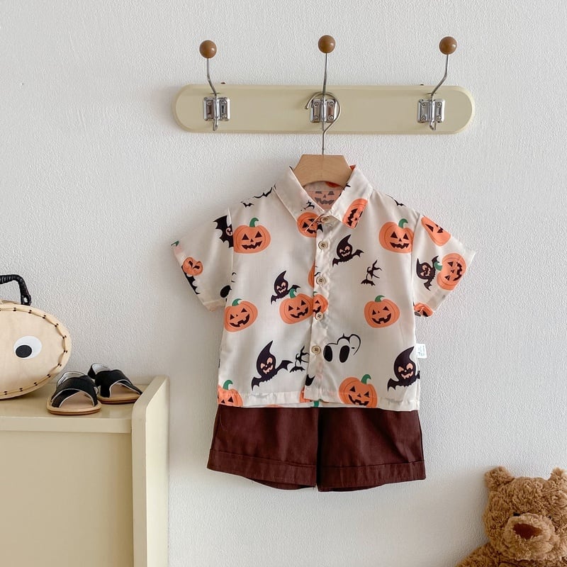 【KID】2025夏新作かぼちゃプリントシャツ&ショートパンツセット