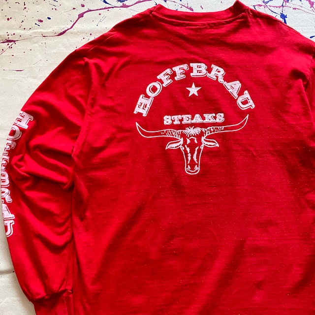 made in usa 80s vintage  Hanes　HOFFBRAU STEAKS beefy-long T-shirt {アメリカ製　80s ビンテージ　ヘインズ  ホフブロイ　ステーキ　ビーフィー　ロングTシャツ　古着　メンズ} ユニセックス