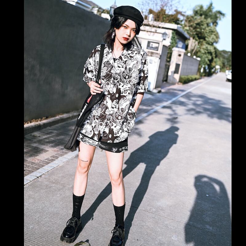 古怪舍シリーズ チャイナ風シャツ トップス 半袖 夏 春 プリント ブラック 黒い M L Xl オリジナル レトロ ファッション Elegant 古怪舍シリーズ チャイナ風シャツ トップス 半袖 夏 春 プリント ブラック 黒い M L Xl オリジナル レトロ ファッション Elegant