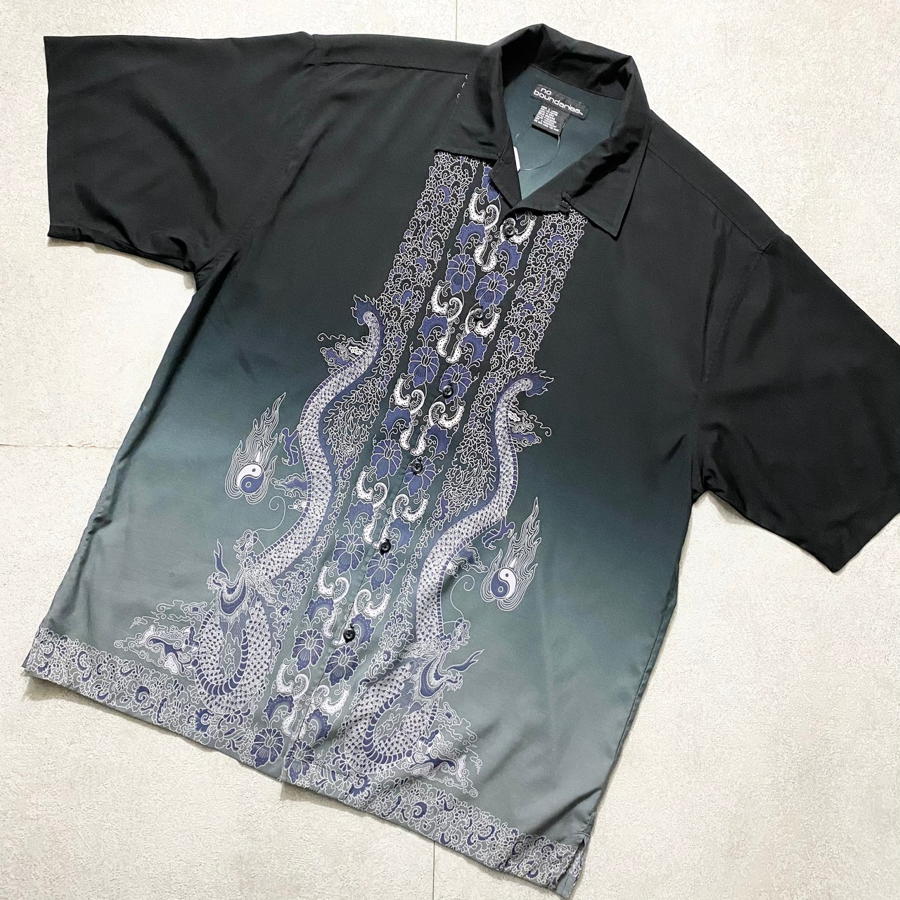 old black gradation color chinese print polyester shirt