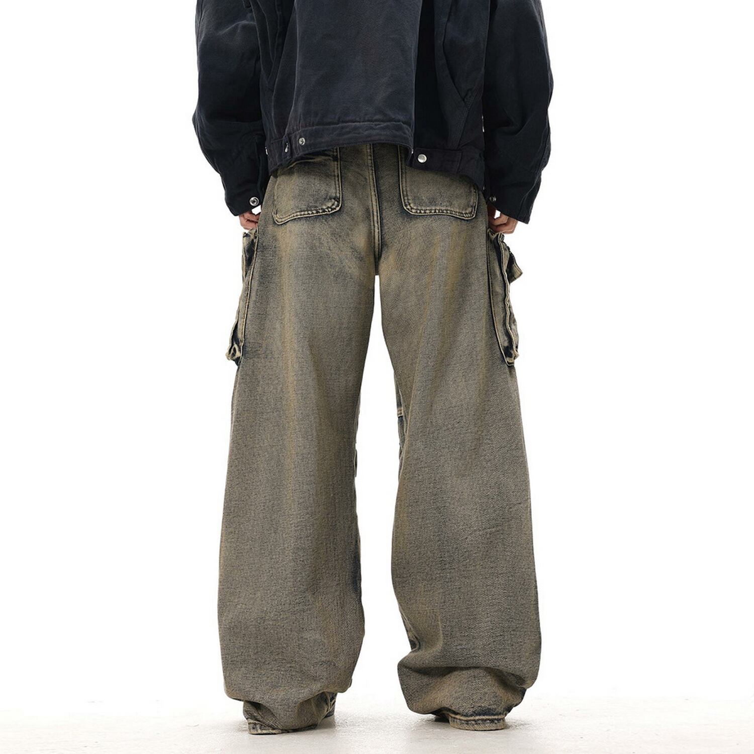 ストリート ウォッシュド加工マルチポケットデニムカーゴパンツ P206  