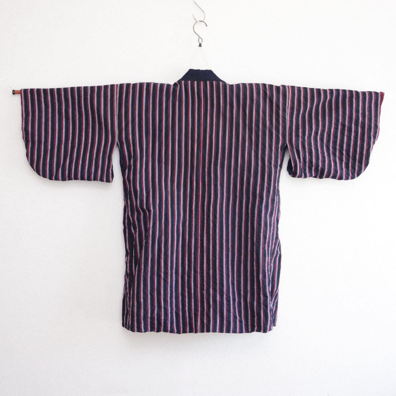 野良着 藍染襟 縞模様木綿ジャケット — リメイク素材にも最適な日本