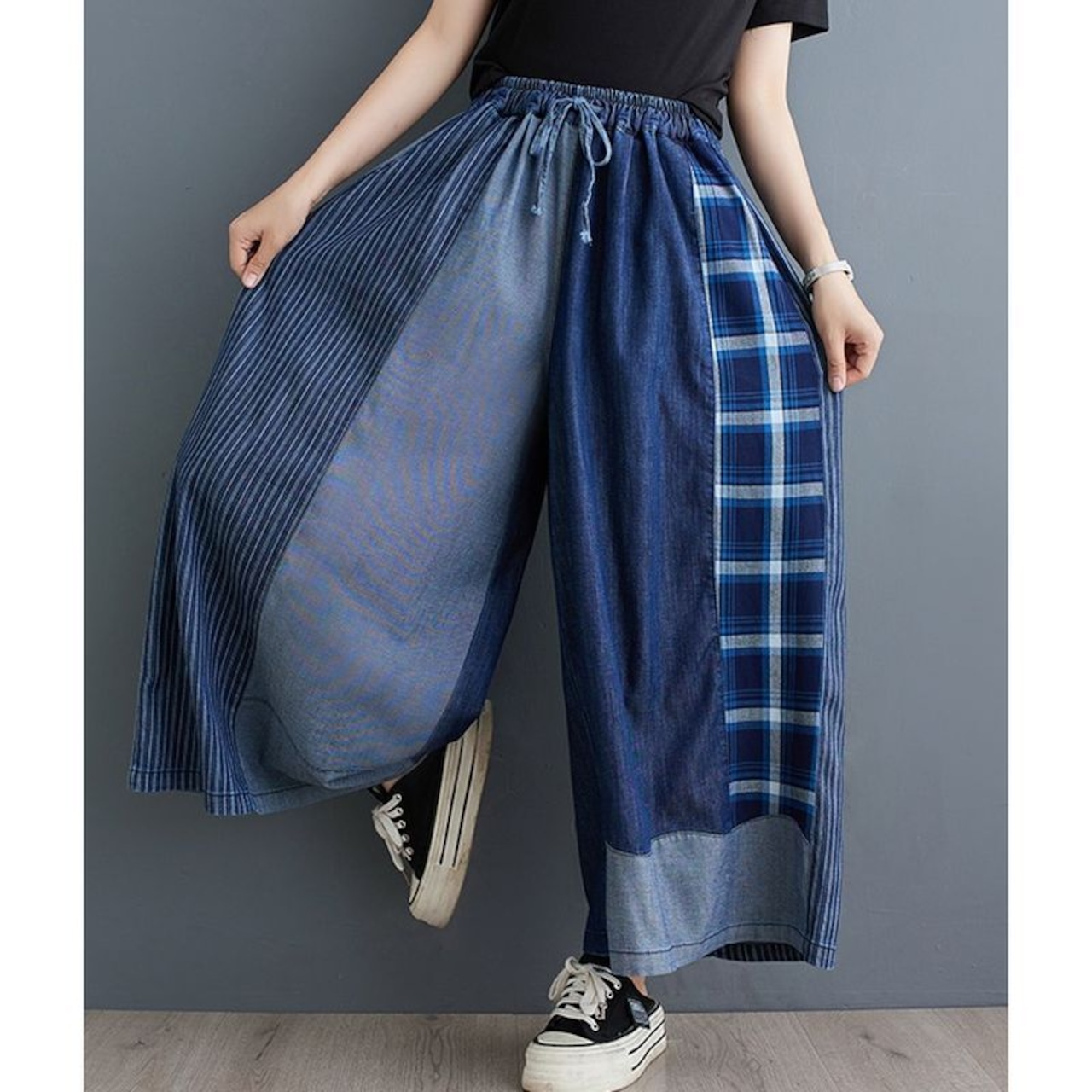 切替デザイン ワイド デニムパンツ 00008