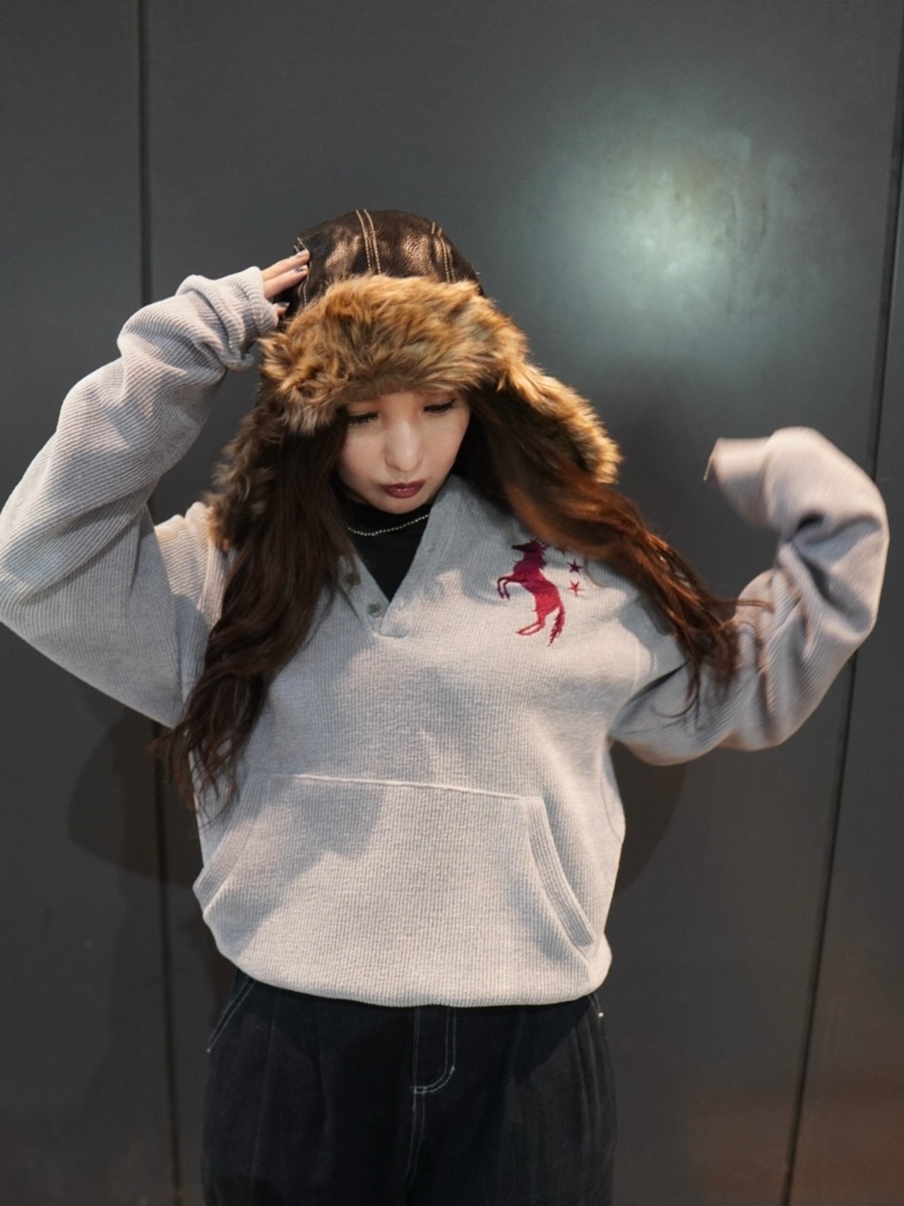 2way leather×fur flight cap／Black【ユニセックス】